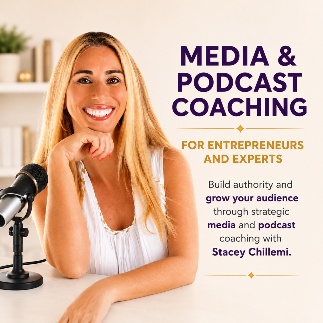 Stacey Chillemi beside a podcast microphone promoting media and podcast coaching for entrepreneurs and experts.