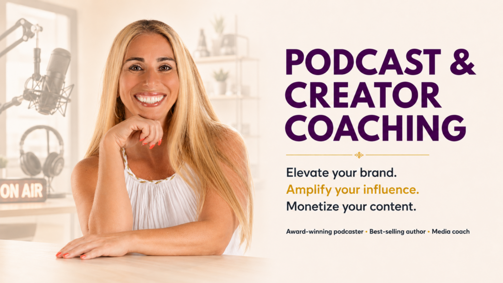 Stacey Chillemi in a professional podcast studio promoting podcast and creator coaching for experts who want to grow their brand, influence, and content.