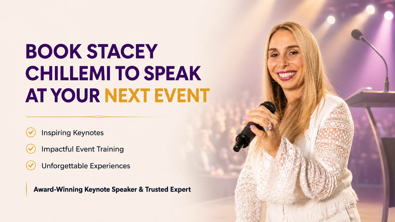 Book Stacey Chillemi to Speak at Your Next Event Stacey Chillemi holding a microphone onstage, promoting keynote speaking and event training services.