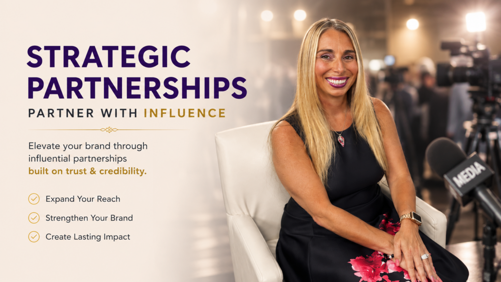 Strategic Partnerships with Stacey Chillemi Stacey Chillemi seated in a professional media studio promoting strategic partnerships that expand reach, strengthen brands, and create lasting impact.