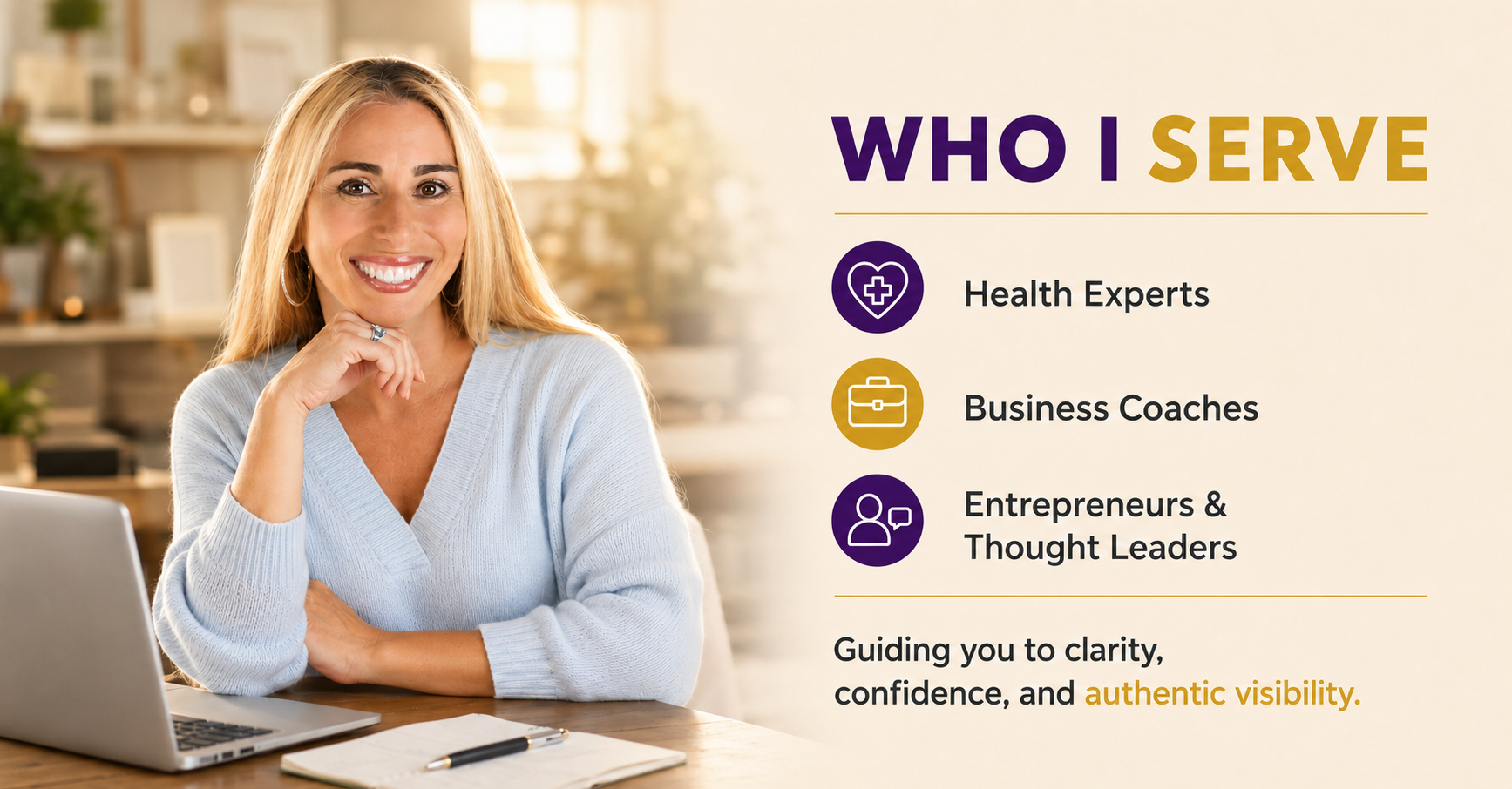 Who Stacey Chillemi Serves Stacey Chillemi smiling at a desk beside text identifying the health experts, business coaches, entrepreneurs, and thought leaders she serves.
