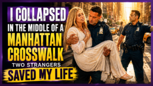 Two police officers carrying Stacey Chillemi to safety after she collapsed during a seizure in a Manhattan crosswalk, sharing the story of the two strangers who saved her life.