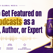 ChatGPT Image Aug 9, 2026, 10_44_50 AM Stacey Chillemi award-winning podcast host and founder of Advisor Global Media in a purple and gold hero graphic with a studio microphone sharing how coaches authors and experts get booked on top podcasts consistently