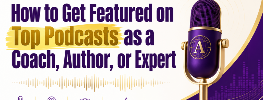 Stacey Chillemi award-winning podcast host and founder of Advisor Global Media in a purple and gold hero graphic with a studio microphone sharing how coaches authors and experts get booked on top podcasts consistently